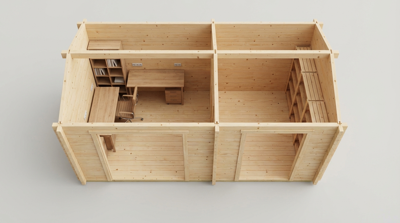 Axonometric 3D floor plan of a combined garden office and shed with separate office and storage rooms