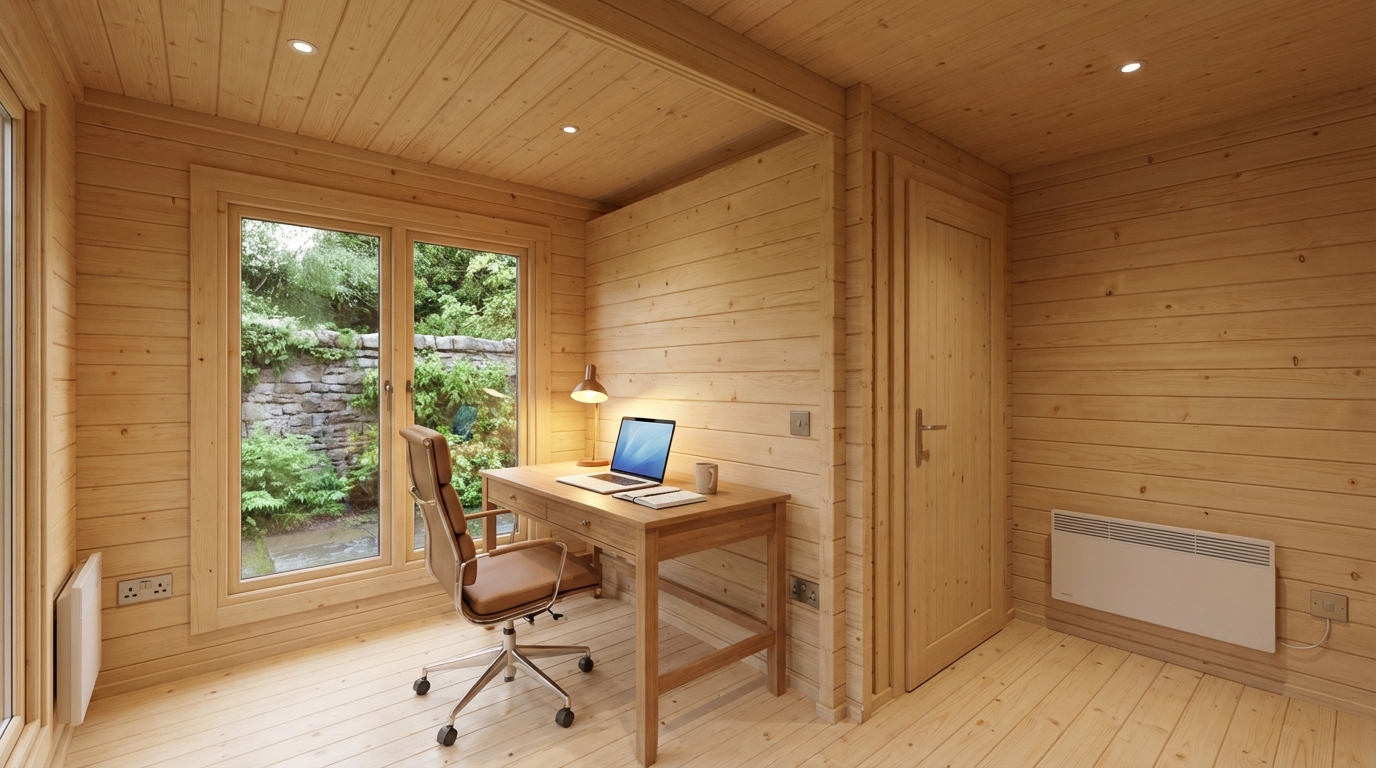 Interior 3D render of a Nordic spruce garden office workspace with desk, chair and large glazed doors