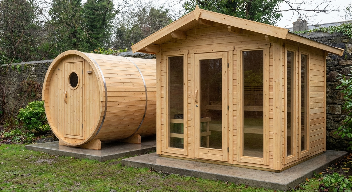 Realistic 3D render showing a side-by-side comparison of a Nordic spruce barrel sauna and a cabin sauna on concrete slab foundations in an Irish garden