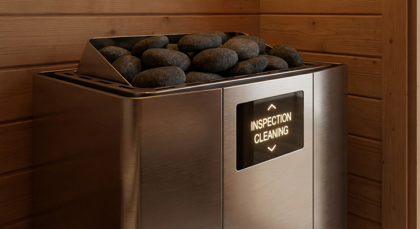 Realistic 3D render close-up of an electric sauna heater with neatly arranged sauna stones inside a wooden cabin