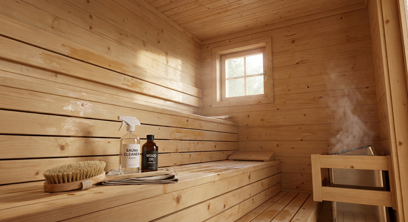 Realistic 3D render of a wooden sauna interior with cleaning brush, sauna cleaner and wood oil arranged on benches for deep cleaning and wood maintenance