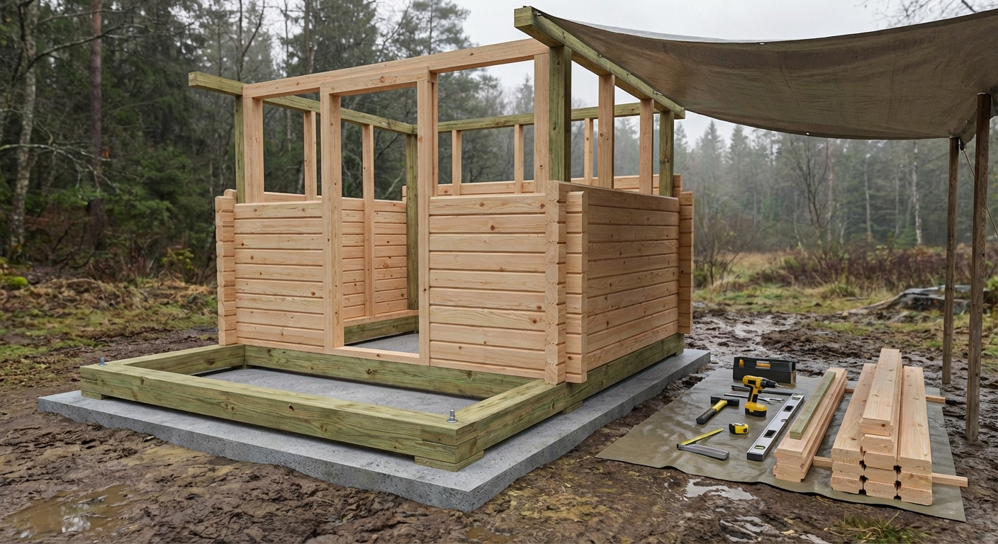 Realistic 3D render of a DIY outdoor sauna cabin under construction on a concrete slab foundation with tools and timber laid out on site