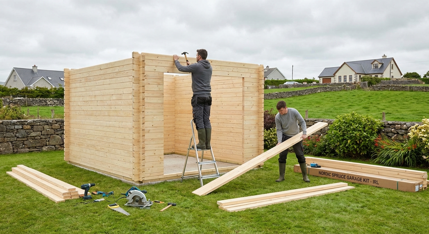Two people assembling a Nordic spruce timber garage kit in an Irish garden