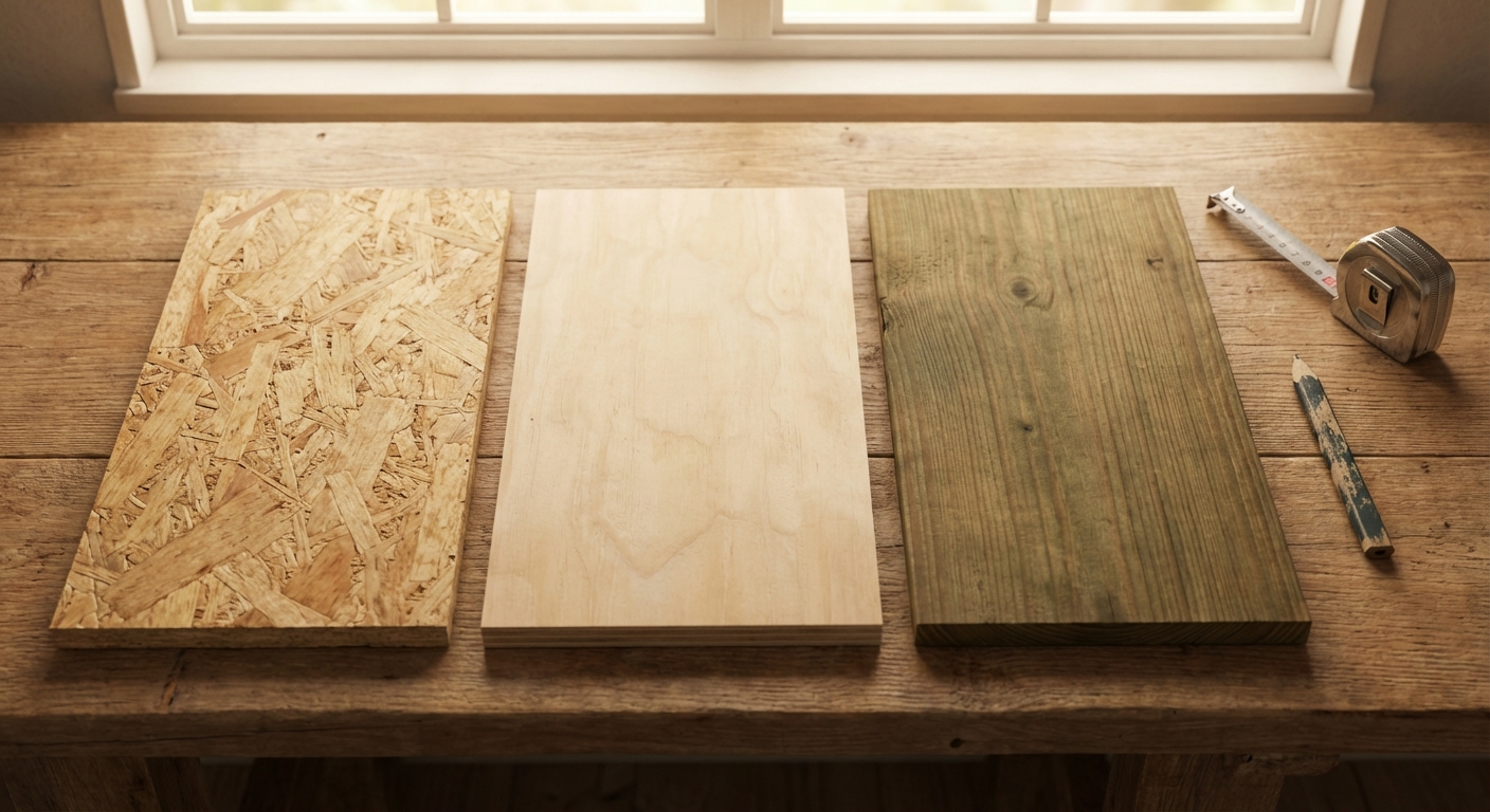 Top-down 3D render of three shed flooring samples on a workbench: OSB board, plywood sheet and pressure-treated timber plank with measuring tools.